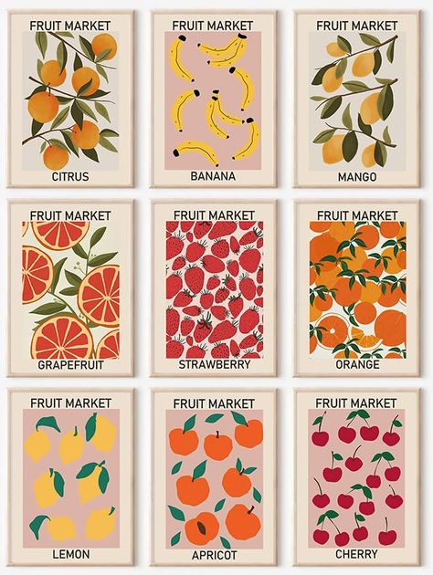 PRICES MAY VARY. 【Fruit Market Wall Art Prints】 The size of the fruit print is: 8x10inch (20x25cmx9pcs). Bring a burst of color to your walls with this set of 9 abstract colorful fruit posters. These prints feature bright and vivid colors that will instantly grab attention and add a lively atmosphere to any room. 【Pefect Posters for Room Aesthetic Decor】 Perfectly suited for various rooms in your home, these Fruit Market Prints can be displayed in the Dining Room, Nursery, Living Room, or Hallwa Design, Decoration, Art, Inspiration, Colorful Wall Art, Wall Art Prints, Gallery Wall Decor, Gallery Wall Art Set, Art Gallery Wall