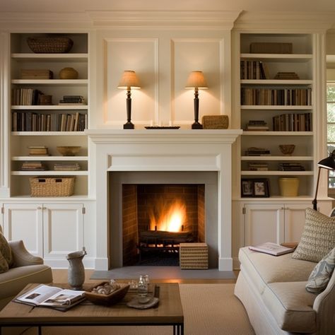 Home, Fireplace With Built Ins, Fireplace With Shelves, Fireplace Built Ins, Fireplace Shelves, Fireplace With Cabinets, Craftsman Fireplace With Built Ins, Fireplace With Bookshelves, Built In Around Fireplace