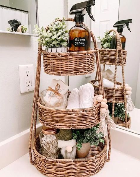 Organized Bathrooms: Clean and Clutter-Free - The Cottage Market Wicker Basket Decor Ideas, Wicker Basket Decor, Wicker Furniture, Furniture For Small Spaces, Storage Baskets, Wicker Decor, Wicker Baskets, Counter Decor, Basket Decor Ideas