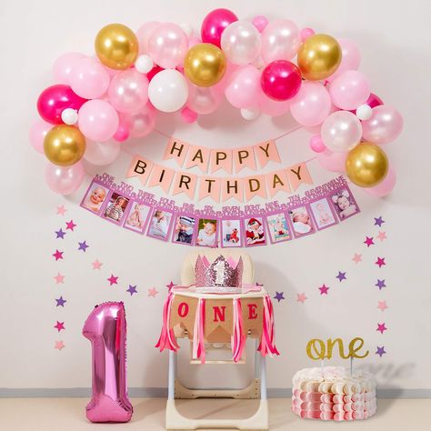 PRICES MAY VARY. Perfect combination of balloon arch and ONE Decorations:Balloon garland kit (50 balloons with rose gold, pink, gold, white,baby pink +1 Decorative tape + Glue Point + Silver ribbon) &1 Roll HighChair ONE Burlap Banner,Happy Birthday Banner,1st Birthday Baby Crown,12 Months Photo Banner,Number 1 Foil Balloon Pink,33-stars bunting banner,Cake Topper "ONE"! Thickening Material:12 Months Photo banner and cake topper are hand made by using high quality;The balloons made with natural