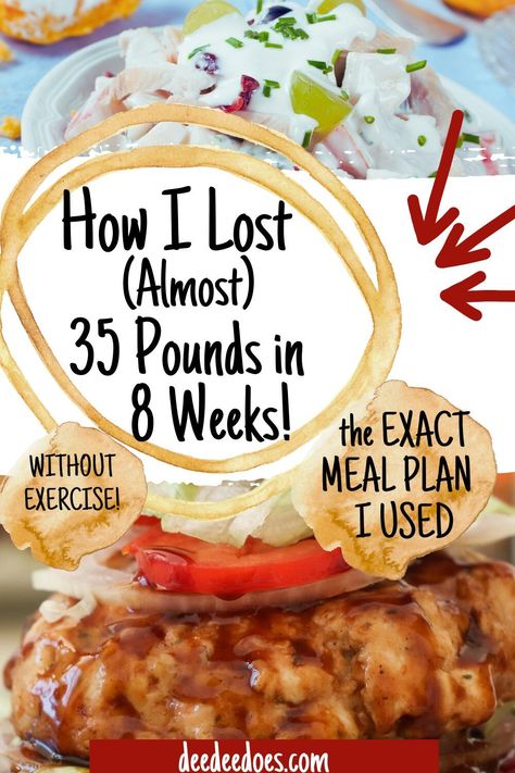 Here's how to lose almost 35 pounds in 8 weeks without exercise. This is the exact healthy meal plan I used to shed the pounds and eat snacks, dessert and 3 meals a day.