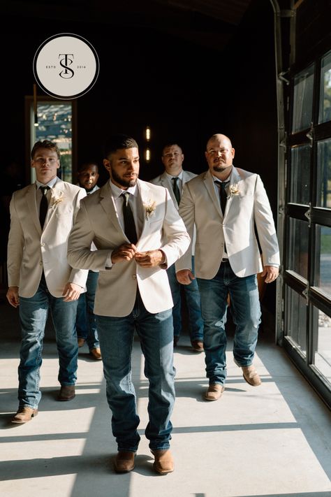 Groom and Groomsmen are #weddingdayready in white dress shirts, ties and tan jackets from @menswearhouse and lightwash jeans and brown boots from @ariatintl #groomsmenstyle #jeansbootsjackets #jeansandbootswedding #cowboywedding #sainteterrewedding Jeans, Ideas, Shirts, Groomsmen, Groom And Groomsmen, Groomsmen Jeans, Groomsmen Attire Khaki, Western Groomsmen, Groom Tan Suit