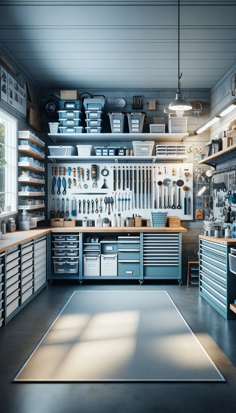 This design showcases an impeccably organized garage with a neat arrangement of tools, labeled storage bins, and a tidy workbench. Organisation, Garages, Workshop, Garage Storage Bins, Garage Storage Shelves, Garage Organization Tips, Garage Storage Solutions, Garage Tool Storage, Garage Workshop Organization