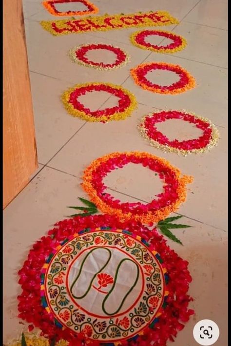 Welcome Home Decoration Engagements, Art, Crafts, Diy, Thali Decoration Ideas, Diwali Decorations At Home, Kanku Pagla Decoration Idea, Diy Diwali Decorations, Welcome Rangoli