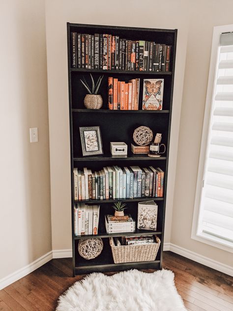 Diy, Home Décor, Design, Ideas, Interior, Black Bookshelf, Dark Bookshelf Styling, Bookshelf In Bedroom, Bookshelf Styling Bedroom