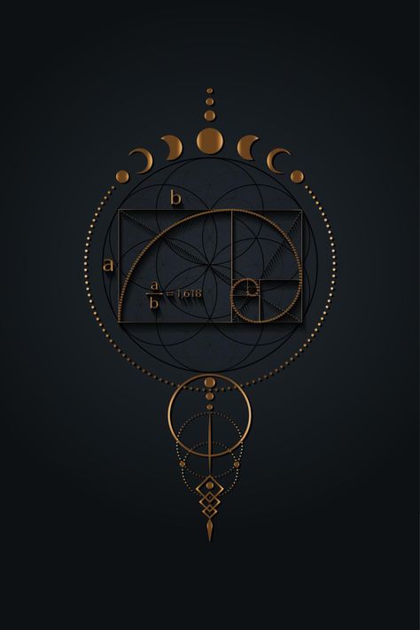 Golden ratio, Fibonacci Sequence number, mystical flower of life and Moon Phases, Sacred geometry. Gold divine proportion wicca banner, energy circles, boho style vector isolated on black background Fibonacci Sequence Numbers, Sacred Geometry Art Mandalas, Sacred Geometry Meanings, Golden Ratio Tattoo, Fibonacci Art, Fibonacci Number, Fibonacci Tattoo, Divine Proportion, Goddess Symbols