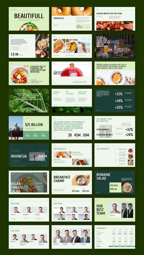Beautifull Healthy Food Pitch Deck Powerpoint Template. 30 Clean Slides. Layout, Design, Layouts, Branding, Design Template, Template Design, Graphic, Desain Grafis, Ppt