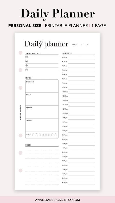 ❤️ Daily Hourly Planner Personal Insert: Create your ideal day by blocking your time and staying on track with all the things that need your attention. You’ll gain back control in your life and give yourself peace of mind. Other features include an hourly schedule, top 3 daily priorities, and a notes section. Start today with this elegant minimalist hourly daily printable planner. Personal size : 3.75 x 6.75 in (95.25 x 171.45mm) Organisation, Daily Planer, Day Planners, Daily Agenda, Daily Planner Hourly, Weekly Planner, Daily Planner, Daily, Personal Daily Planner