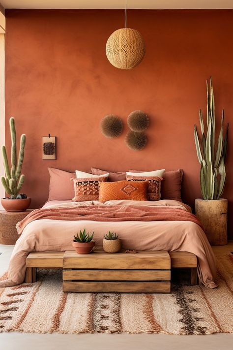 Embracing natural elements, this Modern Boho Bedroom features warm terracotta walls. A live-edge wooden bed frame and nightstand take center stage, accompanied by succulents and cacti sitting on floating wooden shelves. A geometric Southwestern rug and a leather pouf complete the ensemble. Interior, Home Décor, Inspiration, Boho Bedroom Colorful, Boho Southwestern Bedroom, Earth Tone Bedroom, Boho Bedroom Decor, Southwestern Bedroom Decor, Southwest Bedroom Decor