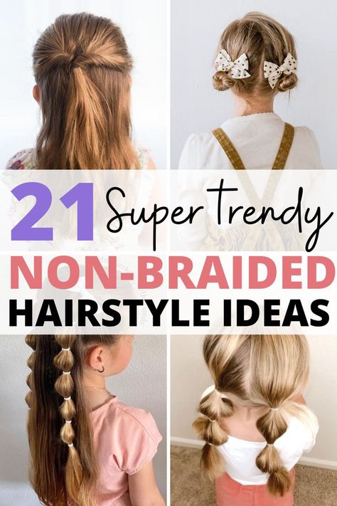 We tried one of these no braid hairsyles this morning before school and my daughter loved her hair! Thank you for this list! Easy Hairstyles For Kids, Easy Little Girl Hairstyles, Kids Braided Hairstyles, Easy Hairstyles Quick, Kid Braid Styles, Easy Hairstyles For Medium Hair, Updos For Kids, Easy Toddler Hairstyles