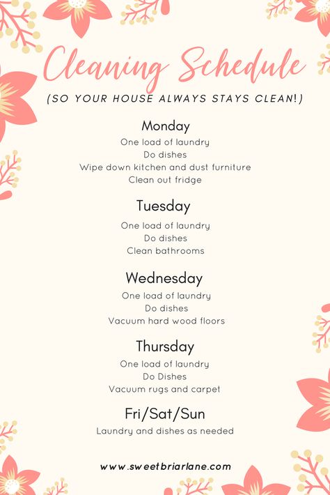 Simple cleaning schedule. Whether you have a full-time job, work-from-home, or are a stay-at-home mom, read this for time management tips for housewives! For more tips visit www.sweetbriarlan... Diy, Organisation, Home Cleaning Schedule Printable, Clean House Schedule, Cleaning Checklist, Cleaning Schedule, Cleaning Hacks, Easy Cleaning Schedule, Cleaning List