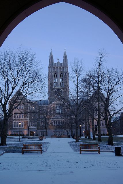 View of Gasson Hall beneath arches of Fulton Hall during the wintertime #bostoncollege Boston, Cambridge, Exterior, Trips, Boston Massachusetts, New England, Boston College, Boston University, In Boston