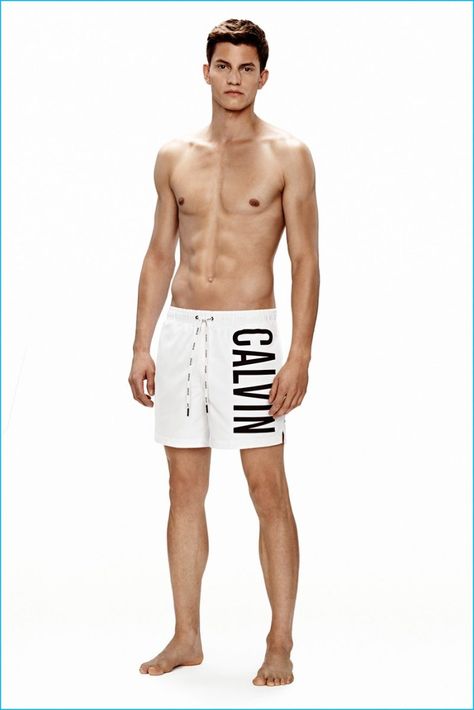 Benjamin Benedek models white Calvin Klein logo swim trunks. Pose Reference, Male Models, Male Poses, Model Poses, Pose, Model, Pose Reference Photo, Giyim, Poses