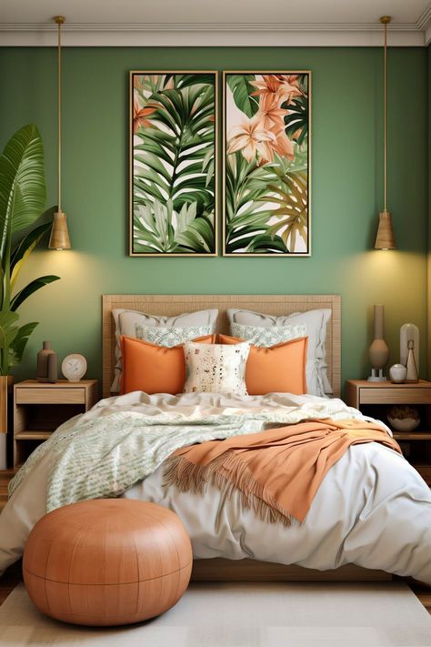 Home Décor, Tropical Room Ideas, Hawaiian Bedroom Ideas, Tropical Bedrooms, Coral Bedroom, Tropical Theme Bedroom, Tropical Home Decor, Bohemian Room Decor, Bedroom Inspirations Colorful