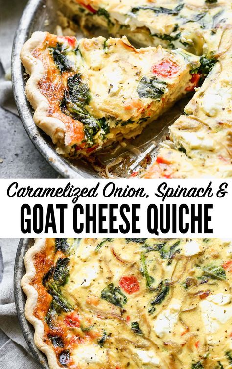 This caramelized goat cheese quiche with spinach has rich flavors, a creamy filling, and a crisp, buttery crust. Perfect for brunch or weeknight meals! Quiche, Pasta, Healthy Recipes, Goat Cheese Quiche, Cheese Quiche, Goat Cheese Recipes, Veggie Quiche, Quiche Recipes, Quiche Recipes Easy
