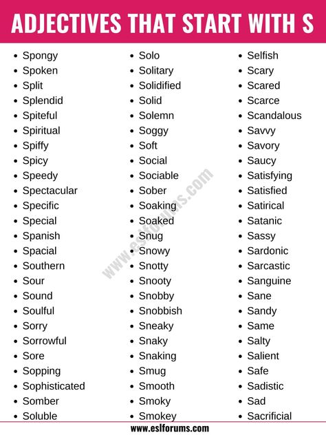 Adjectives that Start with S: List of 250+ S Adjectives with Useful Examples English, Grammar, English Grammar, Common Adjectives, Examples Of Adjectives, Adjectives, Vocabulary Words, Good Vocabulary Words, List Of Adjectives