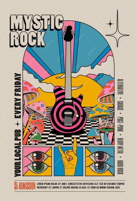 Premium Vector | Vector retro vintage styled psychedelic rock music concert or festival flyer or poster design template Retro, Design, Inspirasi, Muziek, Flyer, Affiche Design, Desain Grafis, Grafik, Ilustrasi