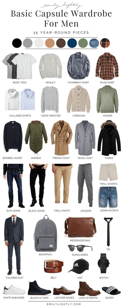 A Basic Year-Round Capsule Wardrobe for Men - Emily Lightly Capsule Wardrobe, Men's Capsule Wardrobe, Men's Wardrobe, Capsule Wardrobe Men, Mens Style Guide, Mens Clothing Styles, Mens Casual Outfits, Men Style Tips, Men Stylish Dress