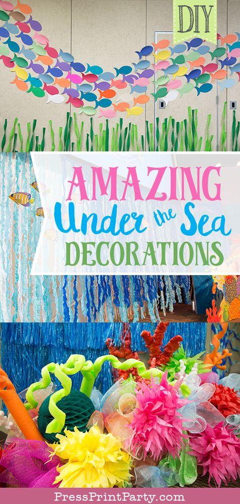 AMAZING UNDER THE SEA DECORATIONS. Great DIY decoration idea for an under the sea birthday party, mermaid party or classroom decor. Cut out paper fish (free template), make a coral reef with tissue paper and pool noodles, and cut fish out of paper plates. by Press Print Party! #freeprintable #underthesea #mermaid #partydecorations Pre K, Under The Sea Decorations, Under The Sea Party, Diy Hacks, Under The Sea Theme, Mermaid Party Printables, Ocean Party, Ocean Birthday Party, Sea Birthday Party