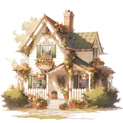 Cozy Cottage with Flowers and Green Roof: Rustic and Cottagecore Sticker Design, Architecture, Interior, Cute House, Cute Cottage, Haus, Resim, Desain Grafis, Ilustrasi