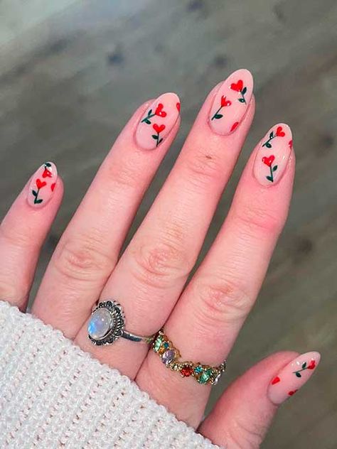 Nude Spring Nails with Red Flowers Nail Art Designs, Nail Designs, Design, Pastel, Pedicure, Nail Designs Spring, Almond Acrylic Nails, Almond Nails Designs, Nails Inspiration