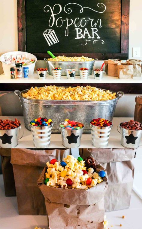 Popcorn, Dessert, Party Snacks, Popcorn Bar, Party Food Bars, Movie Night Popcorn, Movie Night Food, Movie Night Snacks, Movie Night Birthday Party