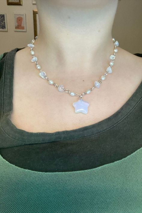 handmade bead necklace made with opalite beads and freshwater pearls #starnecklace #opalitenecklace #pearlnecklace #beadednecklace #starbeadednecklace #fairynecklace #starcharm #cutestarnecklace Pearl Necklace, Beads, Necklace, Beaded, Star Necklace, Cute Stars, Handmade, Beaded Necklace, Beadednecklace