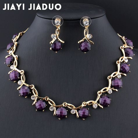 jiayijiaduo Bridal jewelry sets for women banquet dress accessories resin purple necklace earrings gold color necklace Bijoux, Gold Jewelry Fashion, Jewelry Set, Fancy Jewellery, Fancy Jewelry Necklace, Necklace Set, Silver Jewelry, Gold Jewelry, Purple Jewelry Set