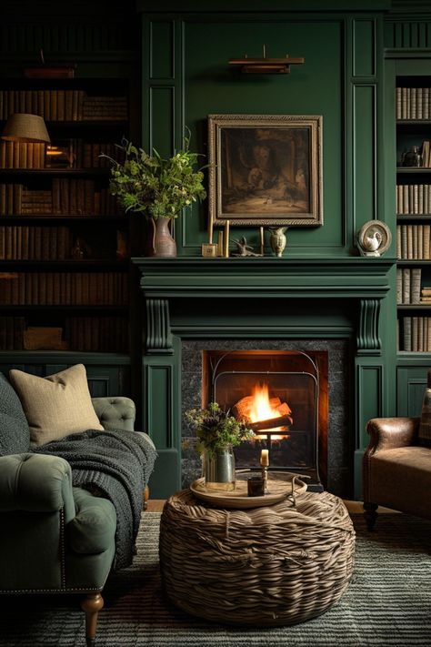 Dark green is the perfect colour for a living room, especially if you have a working fireplace. It envelopes the room like a warm hug with its rich and soothing hues. #darkgreen #darkgreenlivingroom #livingroom Home Décor, Interior, Dark Green Living Room, Dark Blue Living Room, Green Living Rooms, Dark Green Rooms, Dark Living Rooms, Green Living Room Ideas, Dark Green Walls