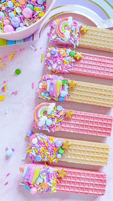 Jen Magic✿Fun Recipes✿DIY-er on Instagram: "Well, it’s Officially pastel rainbow season ✨ Here is a fun and easy way to dress up some wafer cookies. These are a magical treat your whole family can enjoy and even make together. . I used @fancysprinkles sprinkles, edible stickers and prism powder. Use my code RAISINGSWADES15 and save 💰 . . . . . . #fancysprinkles #fancyambassador #jenmagic #rainbowinspo #stpattys #pastelseason #pinkforever #momfluencer #mommyinfluencer #jenmagic #treatinspo #gla Dessert, Cake, Barbie, Rainbow Candy Buffet, Rainbow Treats, Rainbow Food, Sprinkles Birthday Party, Candy Party, Rainbow Desserts