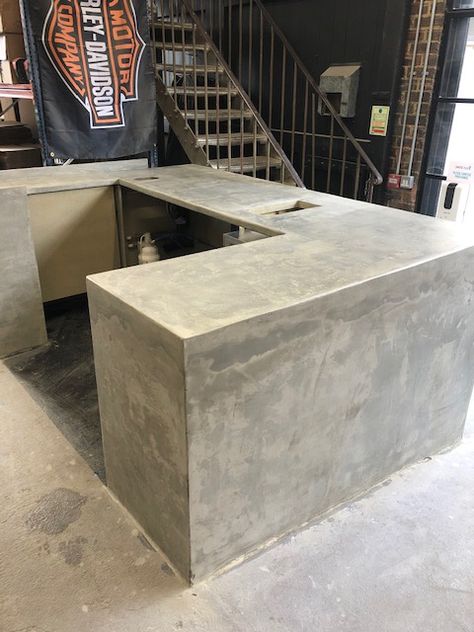 Microcement Counter Made Using Concrete Lab Microcement by Lakewood Build of London at The Dark Arts Cafe. Cement Bar Counter, Cement Counter, Concrete Cafe Counter, Concrete Counter, Cement Reception Desk, Concrete Bar, Industrial Counter, Concrete Cafe, Counter Design