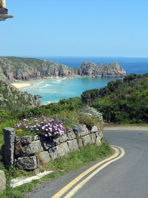 Coast road, Cornwall. Photo about cliffs, coast, summer, view, cornwall, waves, flowers, road, countryside, lane, surf, beach, cove, england - 12417698 Ireland, Outdoor, England, Cornwall, Canterbury, Cornwall Beaches, Cornwall England, England Countryside, Coast