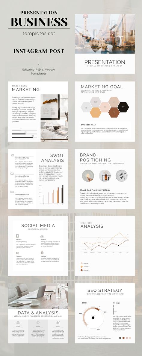 Create your business presentations with these professional social media marketing templates. High quality editable presentation for 1:1 social media feed post template like Instagram, Twitter & Facebook made available in psd and vector formats for easy content creation. Download and add your own text to these easy to use designs at rawpixel.com Digital Marketing Social Media, Marketing Strategy Template, Digital Marketing Strategy, Marketing Plan Template, Marketing Presentation, Social Media Strategy Template, Marketing Strategy Social Media, Social Media Marketing Content, Social Media Marketing Agency