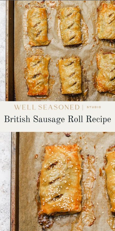 Warm, flaky Sausage Rolls are baked until golden brown and the filling is sizzling. These British treats are a fantastic appetizer or, when cut into smaller bite-size pieces, make a delicious savory hors d'oeuvres for holiday parties. Make ahead and freezer-friendly! #wellseasonedstudio #sausageroll #puffpastry #britishfood Brunch, British, Dips, Parties, British Sausage Roll Recipe, Sausage Rolls Puff Pastry, British Bake Off, Great British Bake Off, British Baking