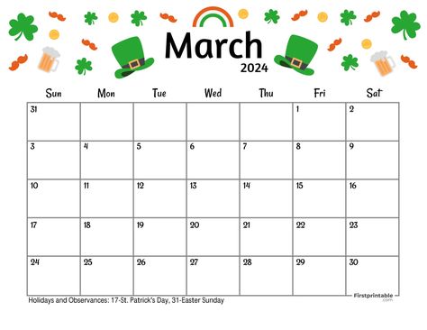 St. Patrick's Day-themed March Calendar 2024 with US Holidays - Free Printable and Fillable Pre K, Ideas, Art, March Month, Calendar March, March Free Printable Calendar, March Calendar Printable, Monthly Calendar, Free Printable Calendar Monthly