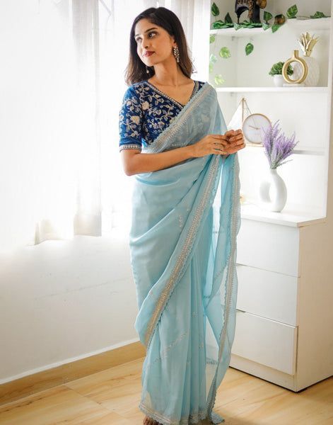 TypeSaree Saree ColorSky Blue Blouse ColorRama Blue Saree Length6.5 Meter (with BlouseBlouse Length1 Meter (UnStitched BlouseFabricOrganza WorkZari With Sequence AadTone To Tone Border Arca Care instructionHand Wash Product Code 74451 Ideas, Outfits, Pitta, Blouse Designs Silk, Blouse Designs For Saree, Organza Blouse Designs, Organza Saree Blouse Designs Latest, New Saree Blouse Designs, Saree Blouse Designs