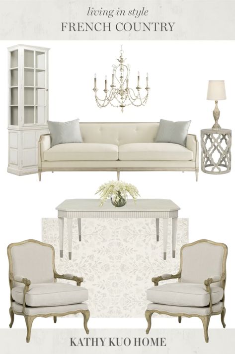 A french style living room design featuring a beige sofa and European inspired accents.