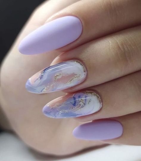Matte lavender polish and glossy marble nail art with gold foil on almond nails Nail Art Designs, Fancy Nails, Trendy Nails, Perfect Nails, Uñas Decoradas, Pretty Nails, Chic Nails, Nails Inspiration, Ongles