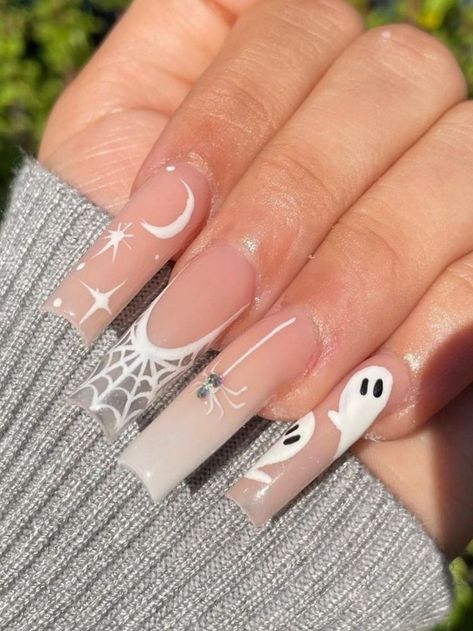 long nude acrylic nails with ghosts and spider Nail Designs, Manicures, Nail Art Designs, Cute Nails, Pretty Nails, Dope Nails, Holloween Nails, Halloween Nail Designs, Nails Inspiration
