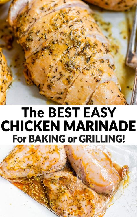 How to make the best EASY chicken marinade. This chicken marinade is perfect for grilling and baking. You can use it for chicken breasts, chicken thighs, or chicken tenders. Healthy, simple, and makes JUICY, tender, flavorful chicken every time. Chicken Breast Marinade Recipes, Baked Chicken Marinade, Chicken Breast Marinade, Marinating Chicken Breast, Chicken Thigh Marinade, Easy Chicken Marinade, Chicken Marinade Recipes, Best Chicken Marinade, Grilled Chicken Marinade