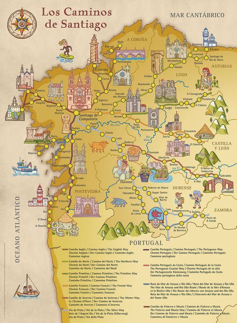 Mapa de los Caminos de Santiago Trips, Camino De Santiago, Santiago De Compostela, Viajes, Lugares, Spain And Portugal, Aventura, Barcelona Travel, Spain Travel