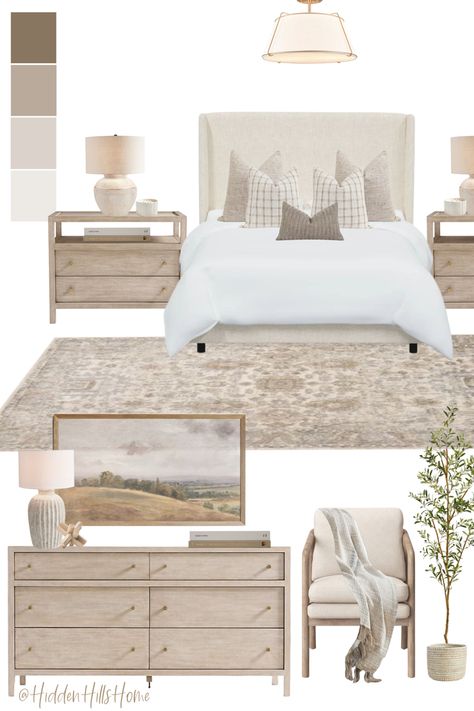 Neutral primary bedroom decor mood board! This bedroom has a neutral color palette and is so cozy and inviting! Bedroom decor ideas with neutral tones