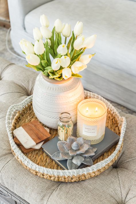 Simple Spring Home Tour | Spring coffee table decor with artificial white tulips Decoration, Home Décor, Inspiration, Spring Home Decor, Spring Kitchen Decor, Spring Home, Spring Decor, Spring Apartment Decor, Rustic Spring Decor