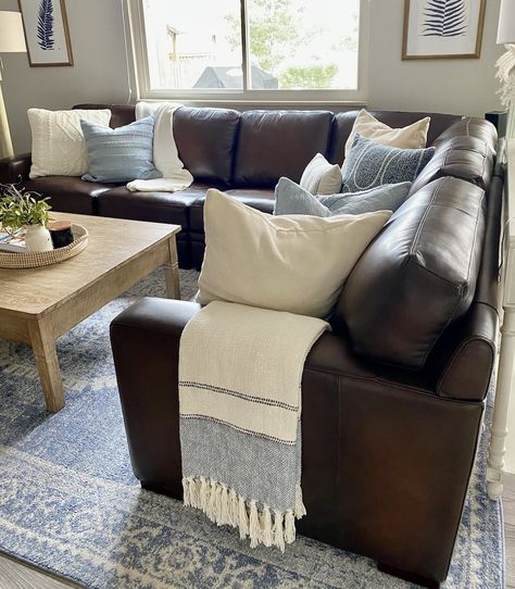 Beautiful Coastal Family Room with Leather Sectional - All in Stripes Interior, Living Room With Sectional, Family Room Furniture, Living Room Couches, Country Cottage Living Room, Living Room Sectional, Family Room Decorating, Living Room With Brown Couches, Apartment Family Room
