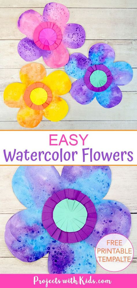 These easy watercolor flowers are a fun and colorful art project for kids of all ages! An excellent beginner watercolor project using easy techniques. Free printable template included. Pre K, Crafts, Art, Diy, Spring Art Projects, Easy Watercolor, Flower Craft For Preschool, Spring Crafts Preschool, Flower Craft Preschool