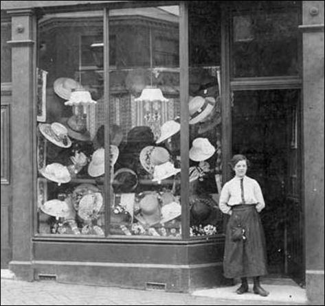 Typical hat shop of the time c.1910 from Newcastle-under-Lyme. Vintage, Vintage Photos, England, Victorian London, Vintage Shops, Staffordshire, Milliner, 1910s, Antique Hats