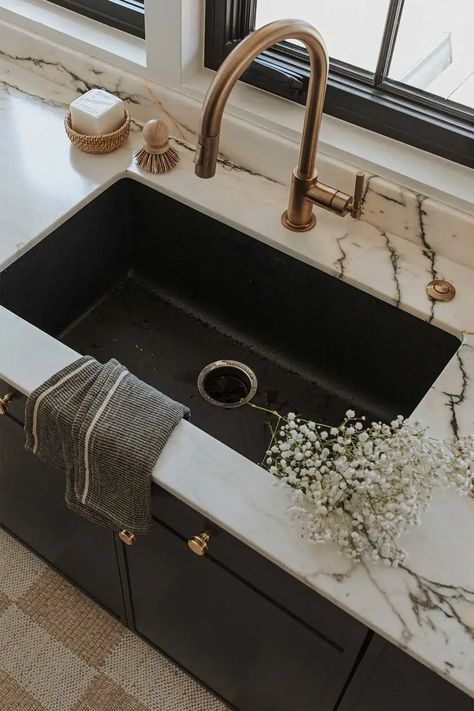 Top down view of the kitchen sink in a organic-modern transitional remodel with brass brizo faucet, a black sink and stylization done by Jennifer Murphy of J. Reiko Design + Co Layout Design, Design, Inspiration, Diy, Modern Kitchen Faucet, Modern Sink, Black Kitchen Faucets, Kitchen Sink Design, Modern Kitchen Sinks