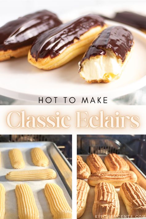 Make beautiful, delicious eclairs that will wow everyone in under 90 minutes with this easy classic eclairs recipe. Simple ingredients and step-by-step instructions makes this classic elcairs recipe a must-try. Tips and tricks to making hollow eclair shells that don't collapes after baking. This easy eclairs recipe is great for family gatherings, special occasions and more. Ideas, Pie, Cake, Dessert, Pies, Eten, Bakken, Cakes, Chouquette
