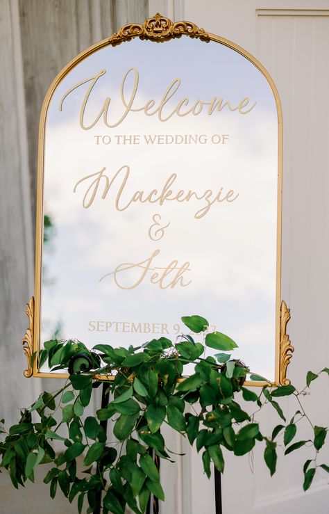 gold mirror welcome sign Art, Wedding Signs, Parties, Gold Wedding Signs, Wedding Signage, Signing Table Wedding, Mirror Wedding Signs, Wedding Signage Diy, Engagement Signs