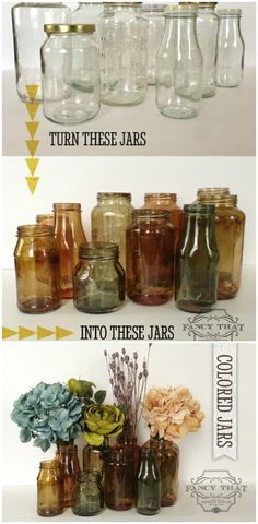 Dyed Jars - 30 Charming Vintage DIY Projects for Timeless and Classic Decor Mason Jar Projects, Mason Jar Crafts, Mason Jars, Mason Jar Lighting, Diy Home Decor Projects, Mason Jar Decorations, Mason Jar Diy, Mason Jar, Glass Jars